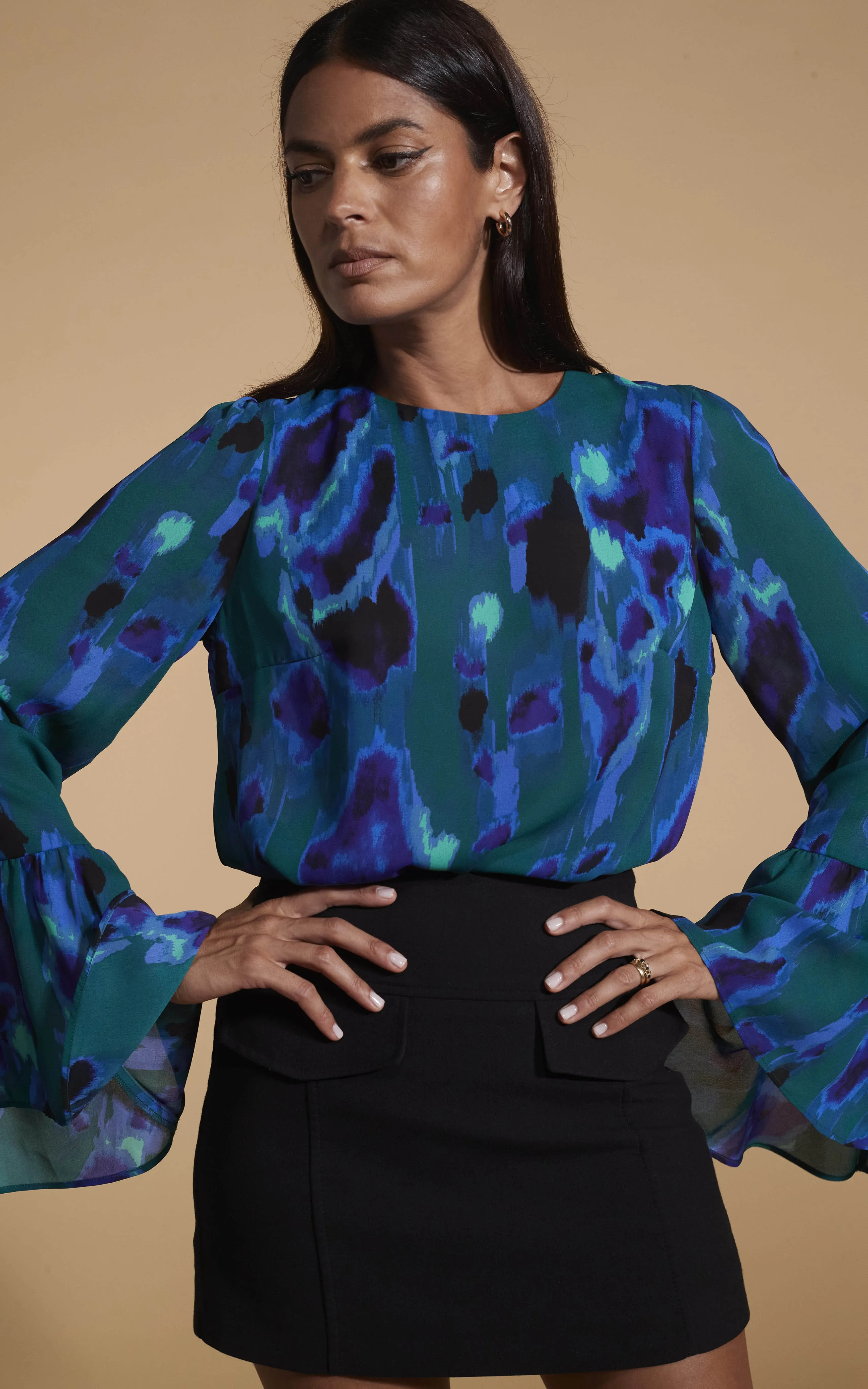 Suvi Flare Sleeve Top In Camo Abstract Blue On Green