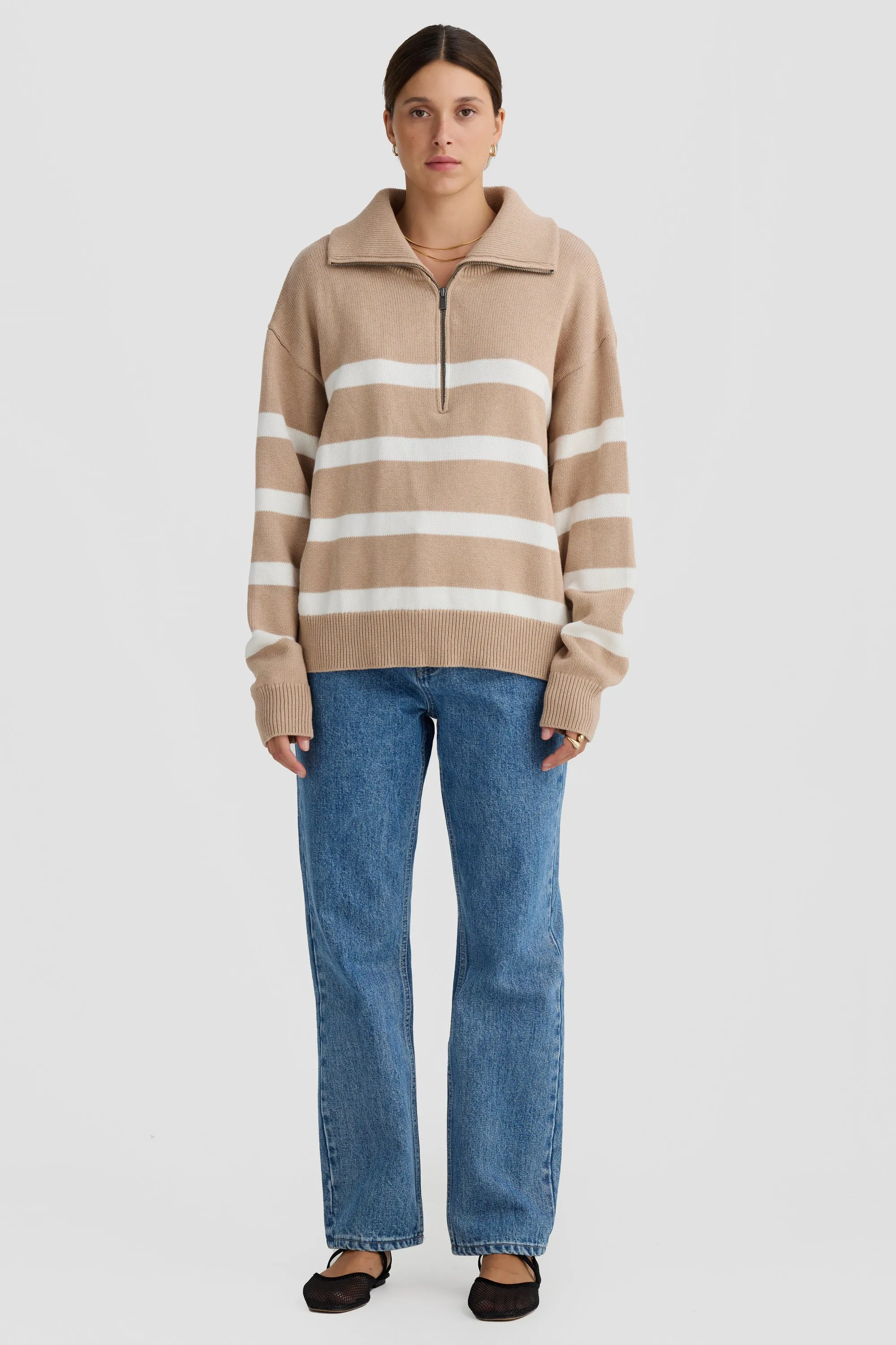 Talli Slouchy Quarter Zip Knit Sweater Sand