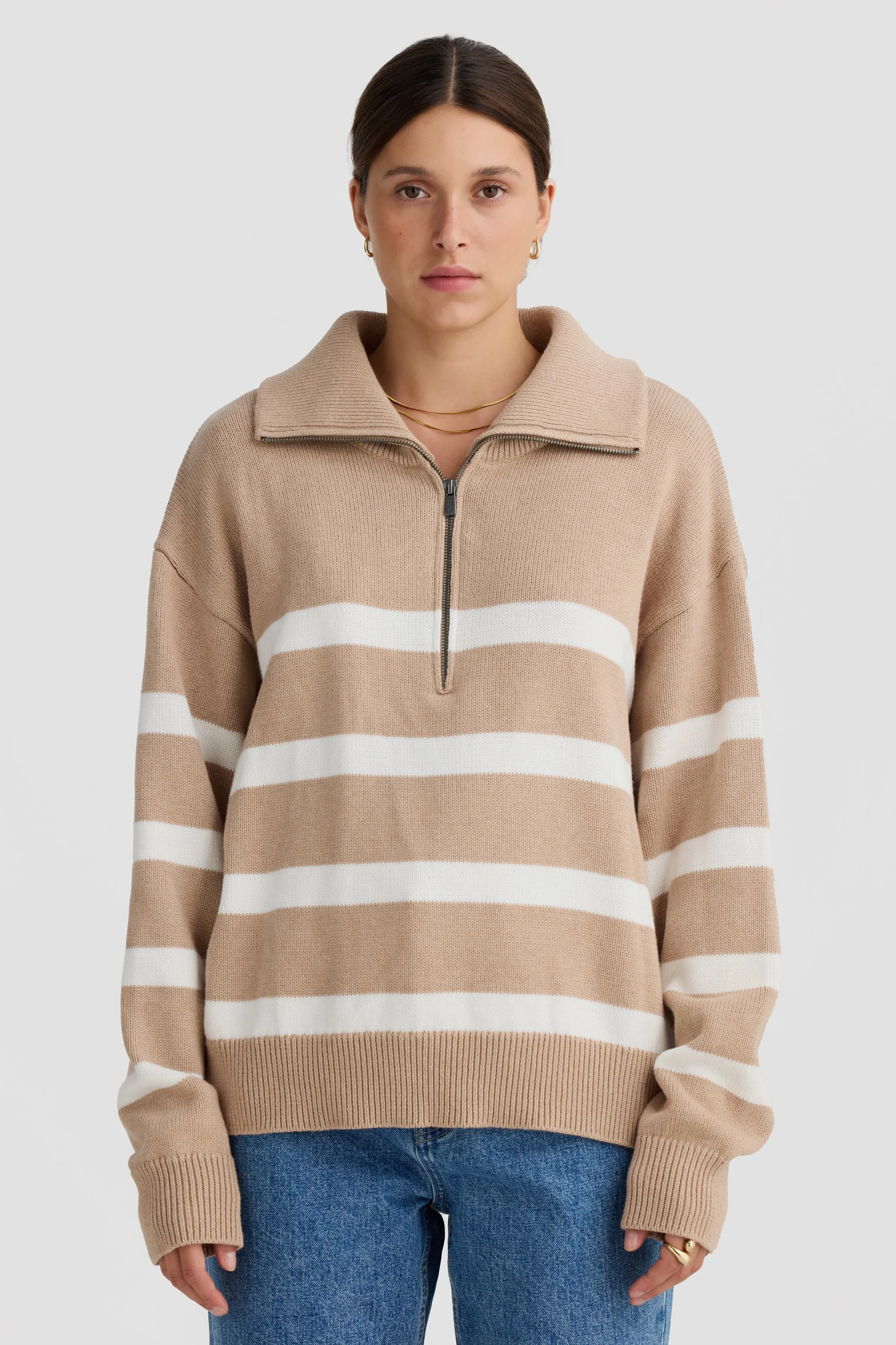 Talli Slouchy Quarter Zip Knit Sweater Sand