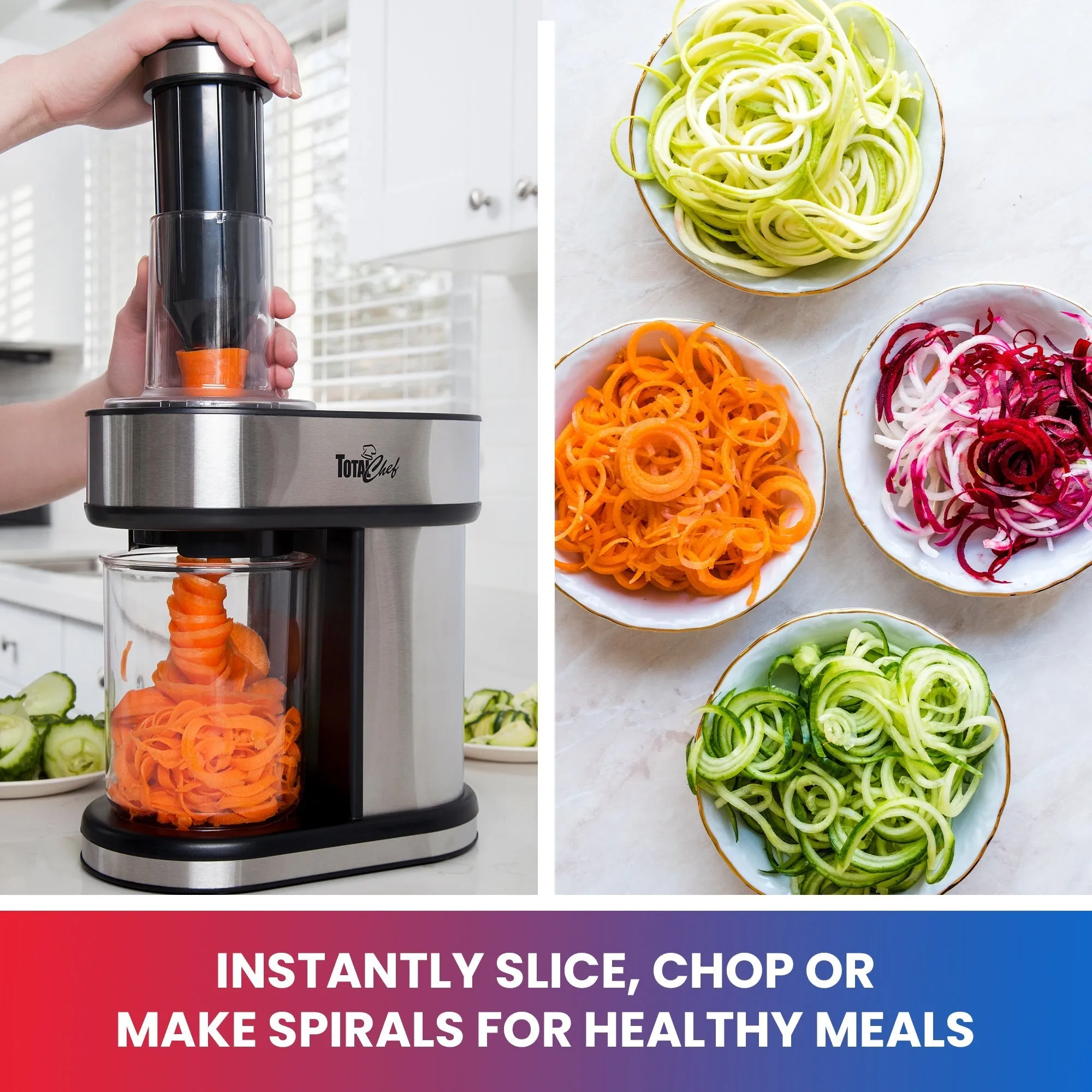 Total Chef 3-In-1 Electric Spiralizer | Automatic Vegetable Slicer | 3 Interchangeable Blades | Zoodle Maker | Make Veggie Spaghetti, Noodles & Ribbons | Black & Silver