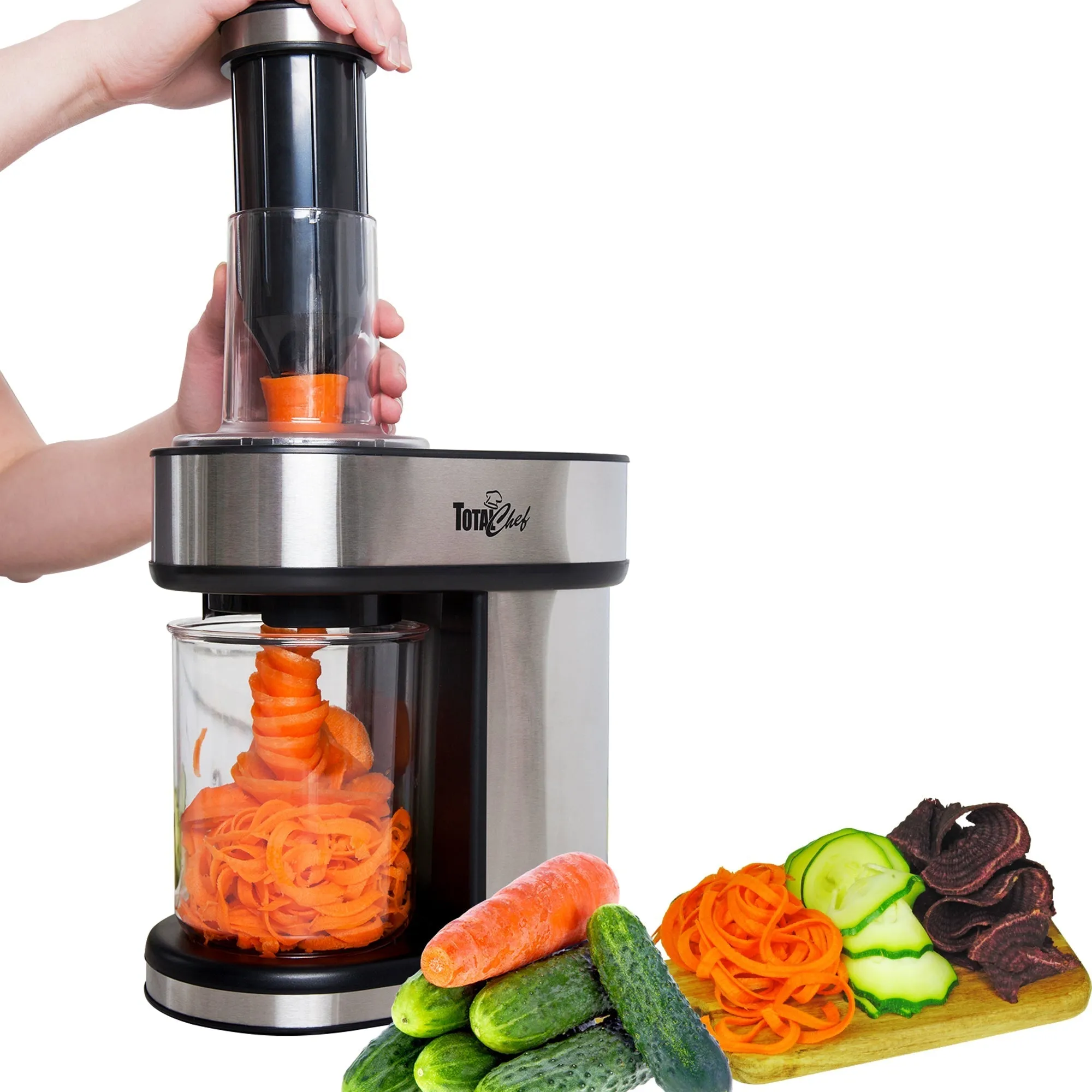 Total Chef 3-In-1 Electric Spiralizer | Automatic Vegetable Slicer | 3 Interchangeable Blades | Zoodle Maker | Make Veggie Spaghetti, Noodles & Ribbons | Black & Silver