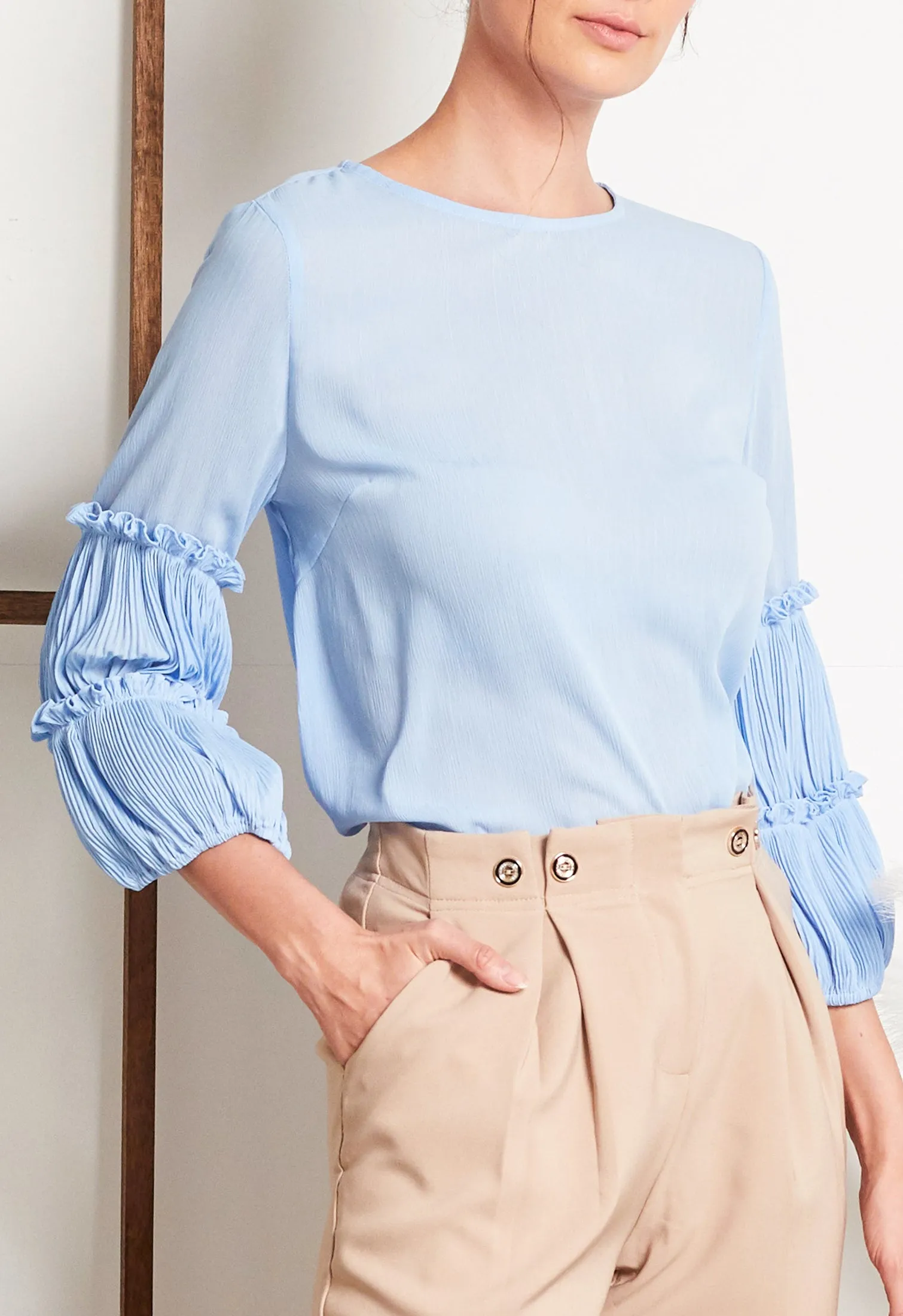 Trumpet Sleeve Pleated Blouse