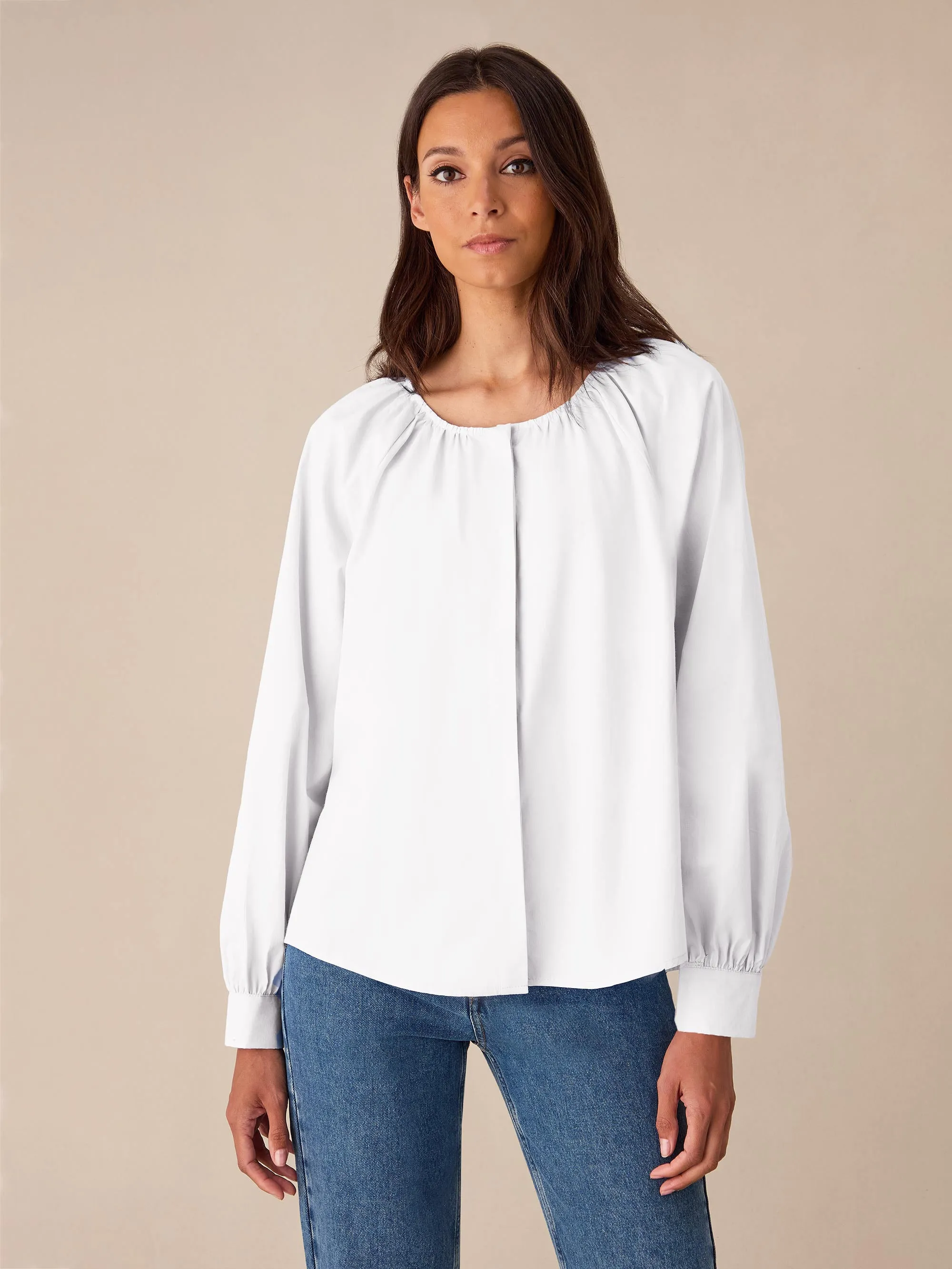 White Cotton Gathered Blouse