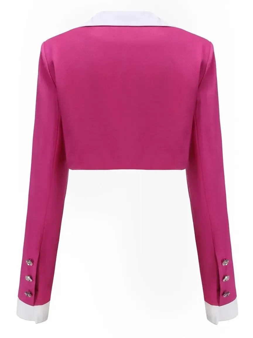 Women’s Cropped Blazer with Shirt Collar and Pleated Fold-Over Mini Skirt Set in Dark Pink and White