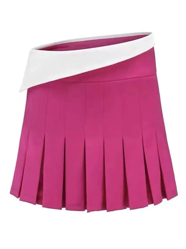 Women’s Cropped Blazer with Shirt Collar and Pleated Fold-Over Mini Skirt Set in Dark Pink and White