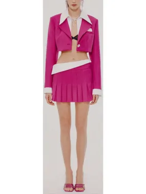 Women’s Cropped Blazer with Shirt Collar and Pleated Fold-Over Mini Skirt Set in Dark Pink and White