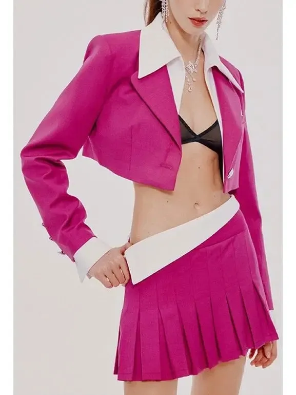 Women’s Cropped Blazer with Shirt Collar and Pleated Fold-Over Mini Skirt Set in Dark Pink and White