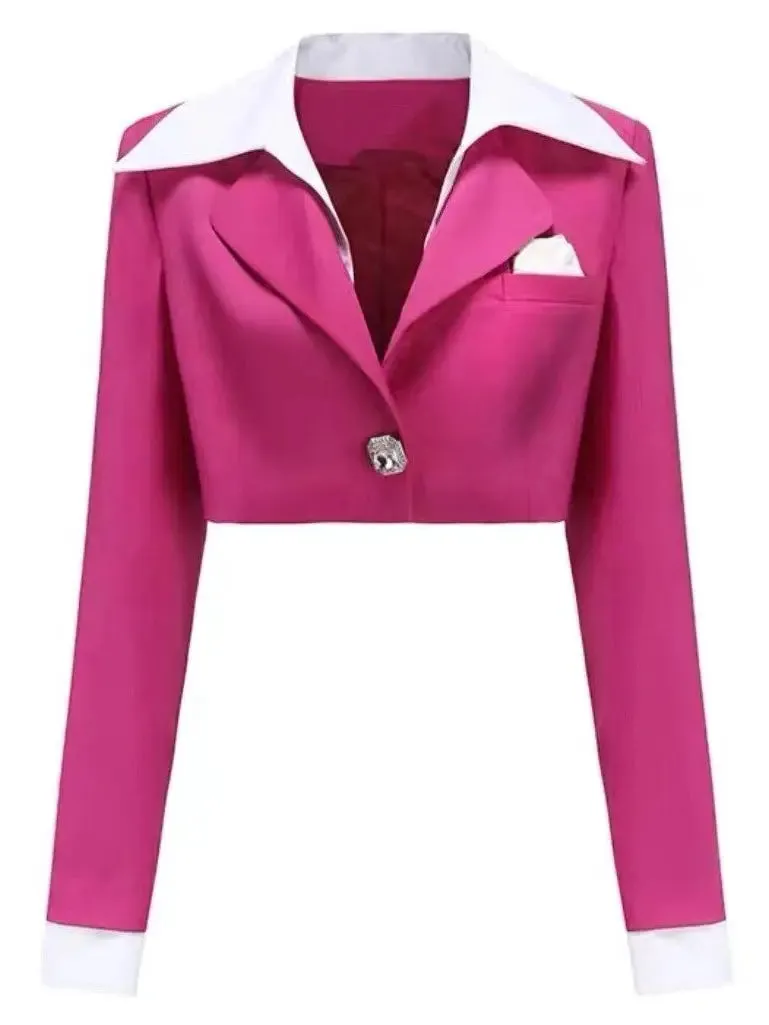 Women’s Cropped Blazer with Shirt Collar and Pleated Fold-Over Mini Skirt Set in Dark Pink and White