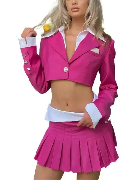 Women’s Cropped Blazer with Shirt Collar and Pleated Fold-Over Mini Skirt Set in Dark Pink and White